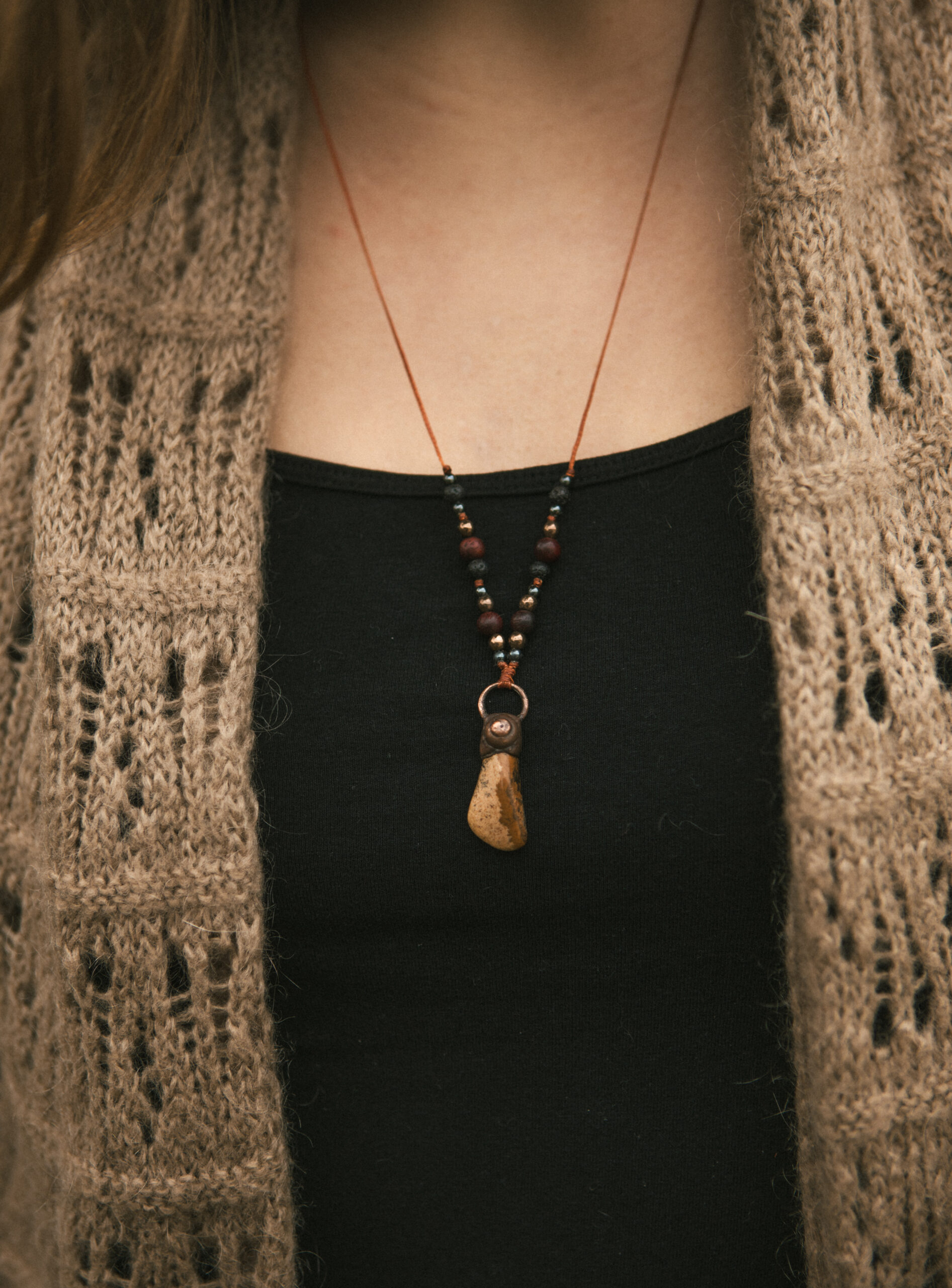 Naszyjnik miedziany - jaspis z koralikami