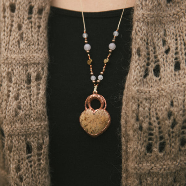 Naszyjnik miedziany - jaspis serce z koralikami