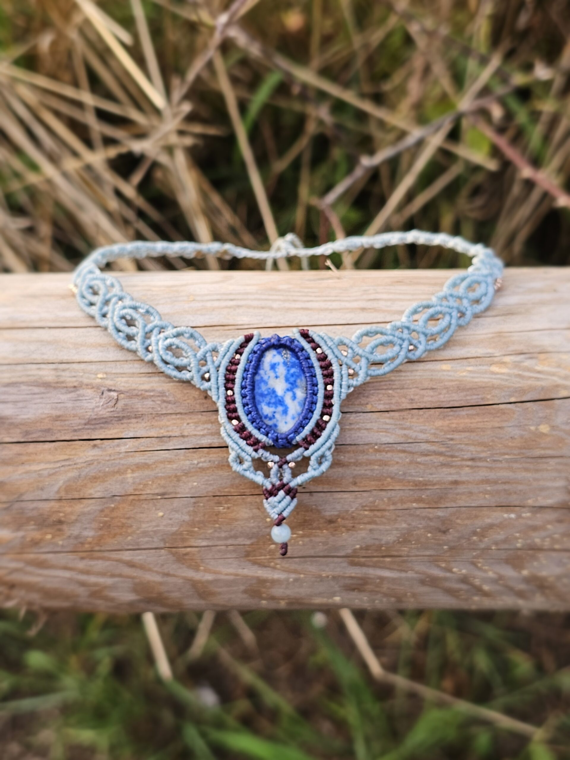 Kolia z lapisem lazuli "Niebiańska bryza"- micromacrama - obrazek 2