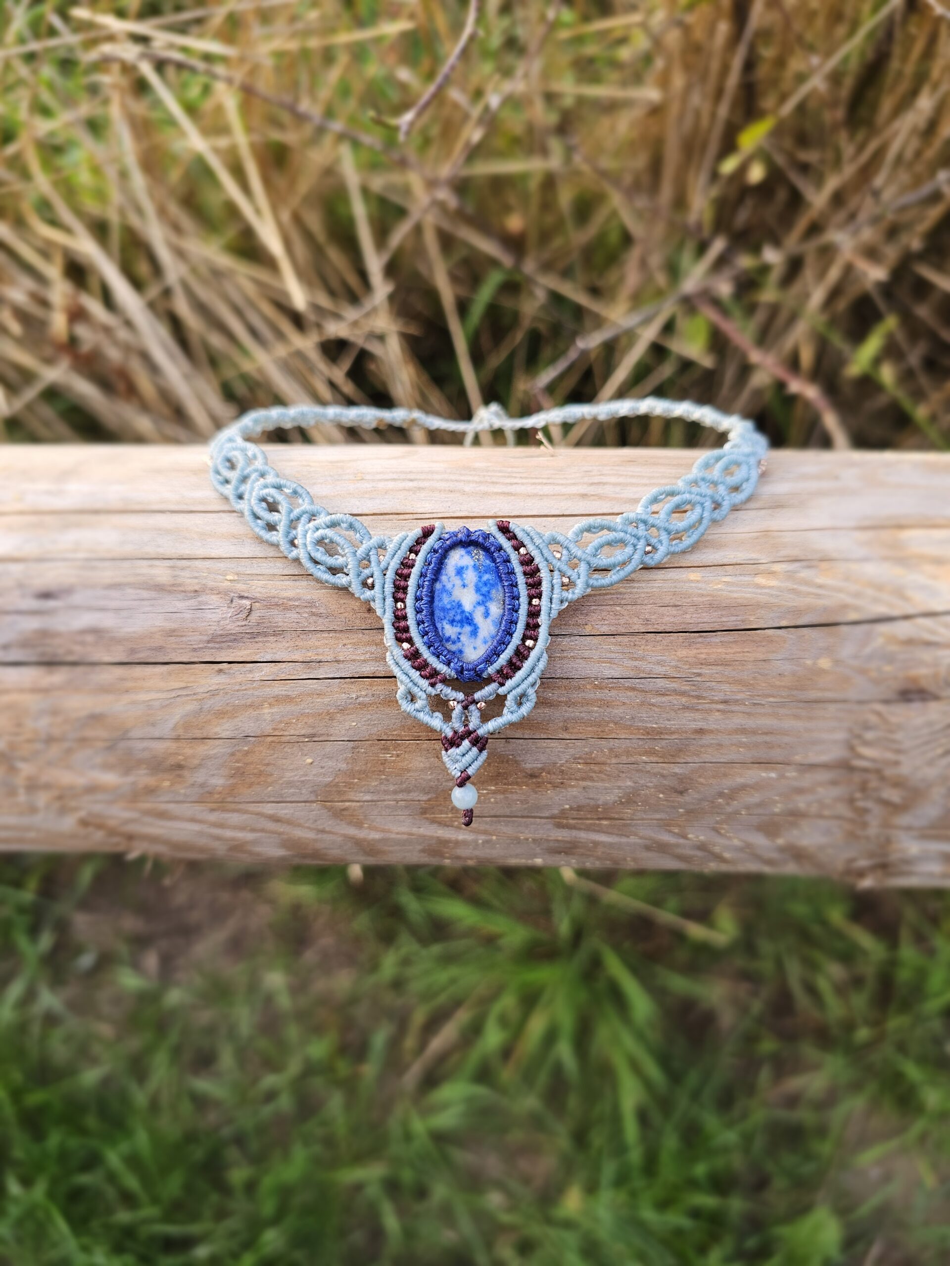Kolia z lapisem lazuli "Niebiańska bryza"- micromacrama - obrazek 4