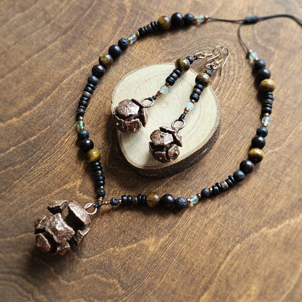 Miedziany Komplet z Szyszkami- "Energia Intuicji" z koralikami